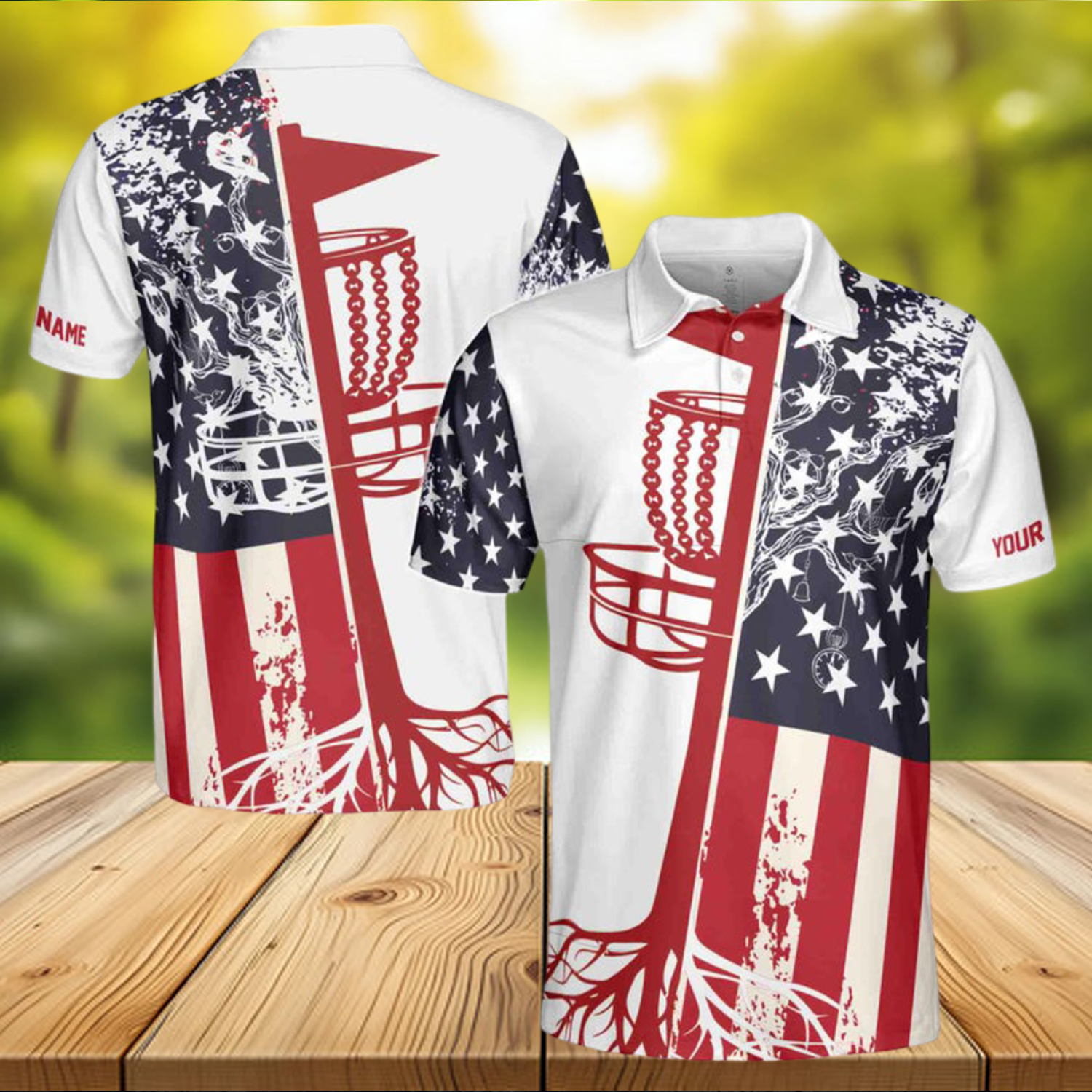 Personalized American Flag Discs Golf Blue Patriotic Men's Polo Shirt