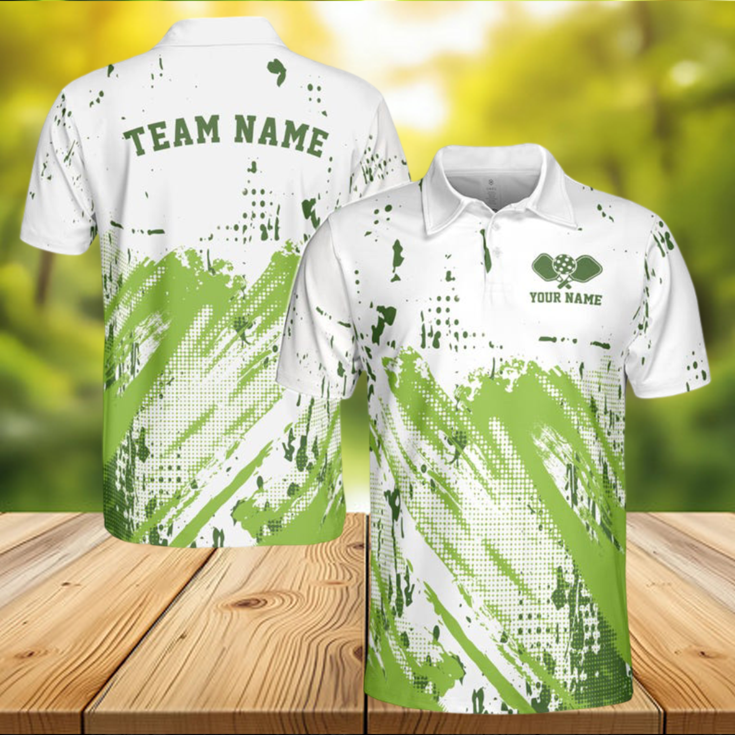Personalized Funny Pickleball White Green Stripes and Dots Men's Polo Shirt